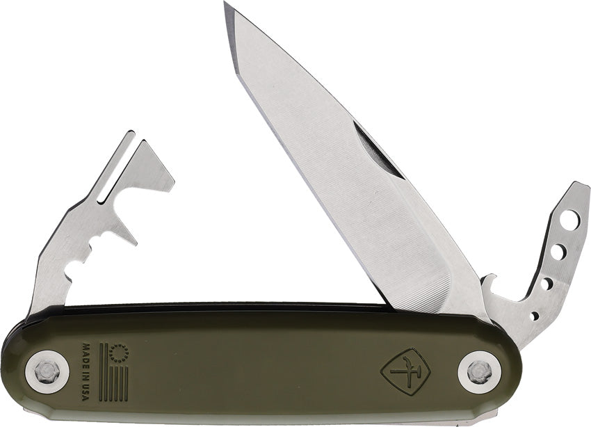 A green folding knife with multiple tools extended, including a blade, screwdriver, and bottle opener. The handle features a camouflage pattern.