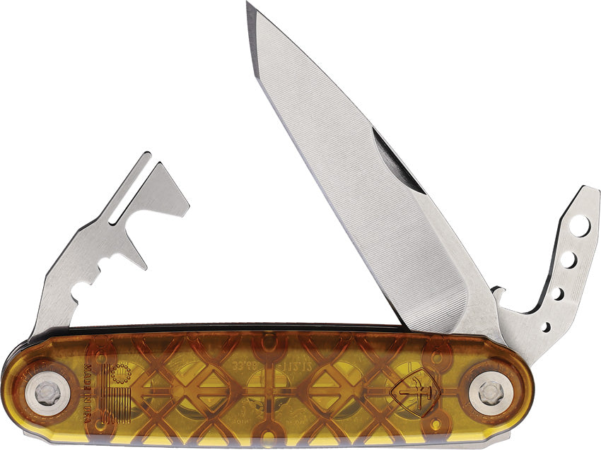 A folded pocket knife with a silver blade and an orange and black handle featuring a patterned design, with several tools extended, including a bottle opener and a screwdriver.