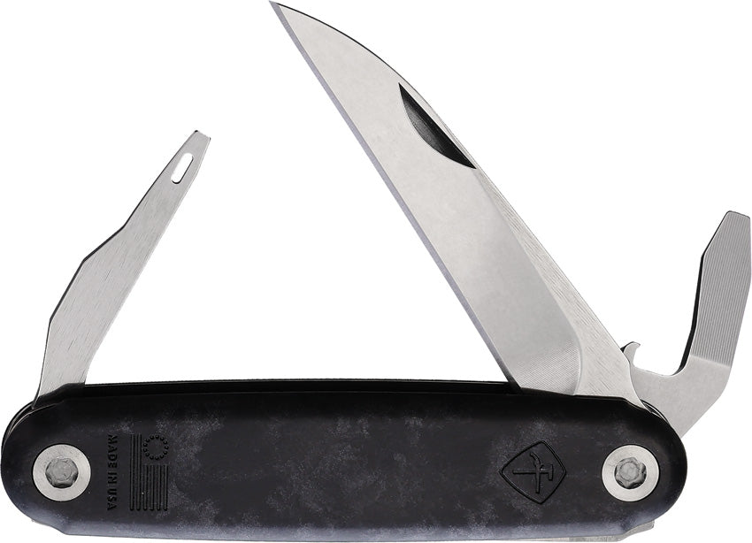 American Service Knife Alchesay Folder Wharncliffe CF with a carbon fiber pattern synthetic handle and tools including a bottle opener, flat head screwdriver, and awl, in a folded state.