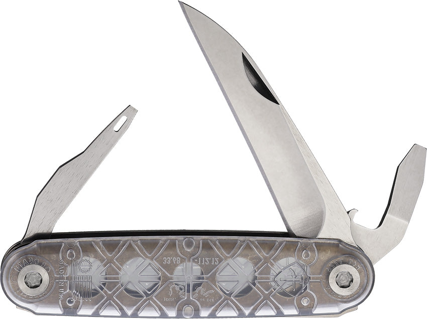 A folded multi-tool knife with a silver blade and white handle, showing the utility tools inside.