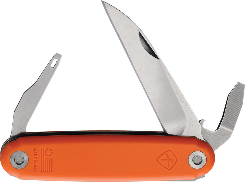 A folded pocket knife with orange handle and silver blade, showing the utility tools it includes, such as an awl, a bottle opener, and a flat head screwdriver.