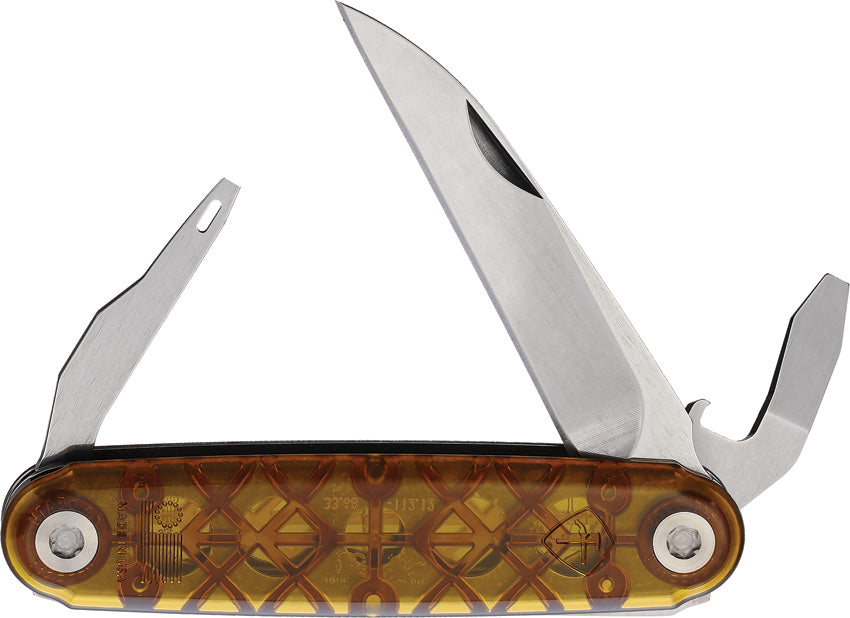 A folded utility knife with a brown diamond-patterned handle and silver blade, showing the knife, bottle opener, and awl components.