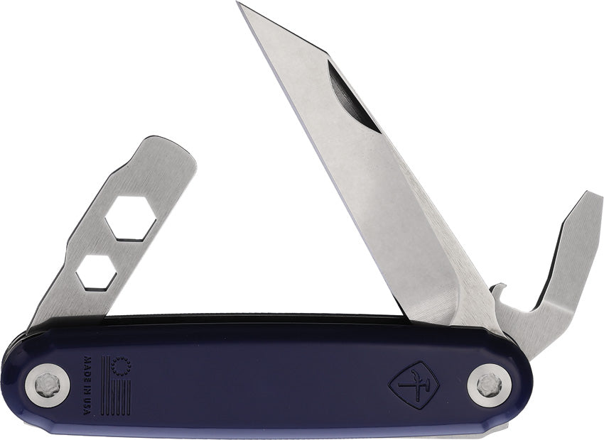 A folded pocket knife with blue handle and silver blade, showing additional tools such as a bottle opener and wrench.