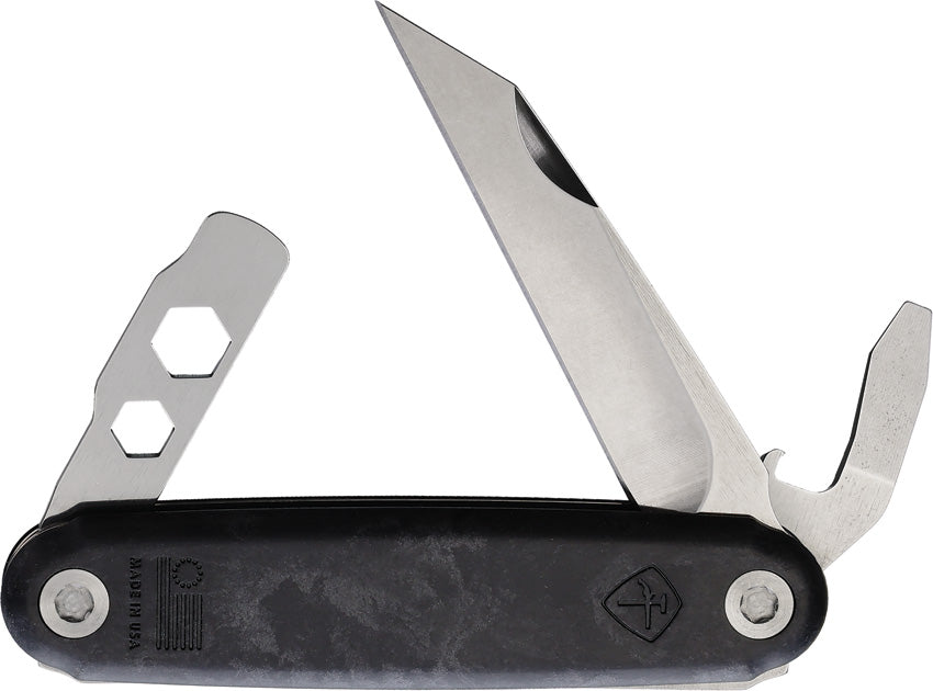 American Service Knife. A folded multifunctional knife with a silver blade and black synthetic handle, featuring tools such as a bottle opener and wrenches. | King of Knives e-store