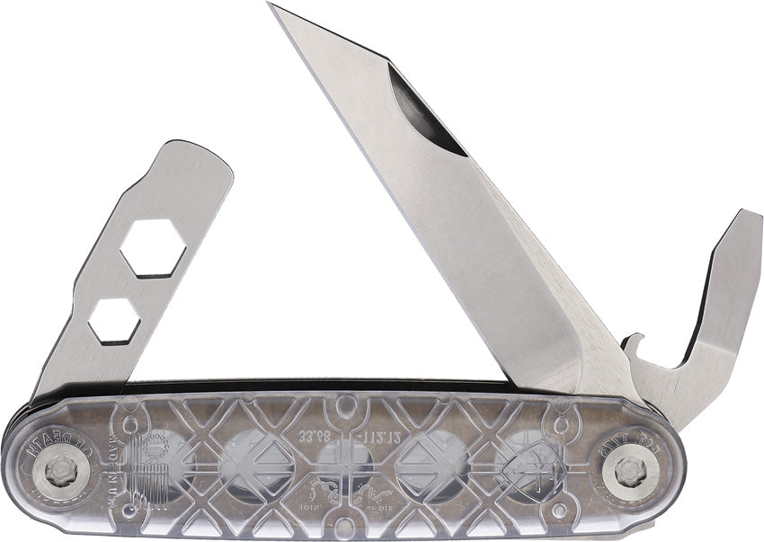 American Service Knife The Iron Sides Folder Seax with a clear synthetic handle and a silver-colored metal blade, featuring utility tools such as a bottle opener and wrench, partially opened.