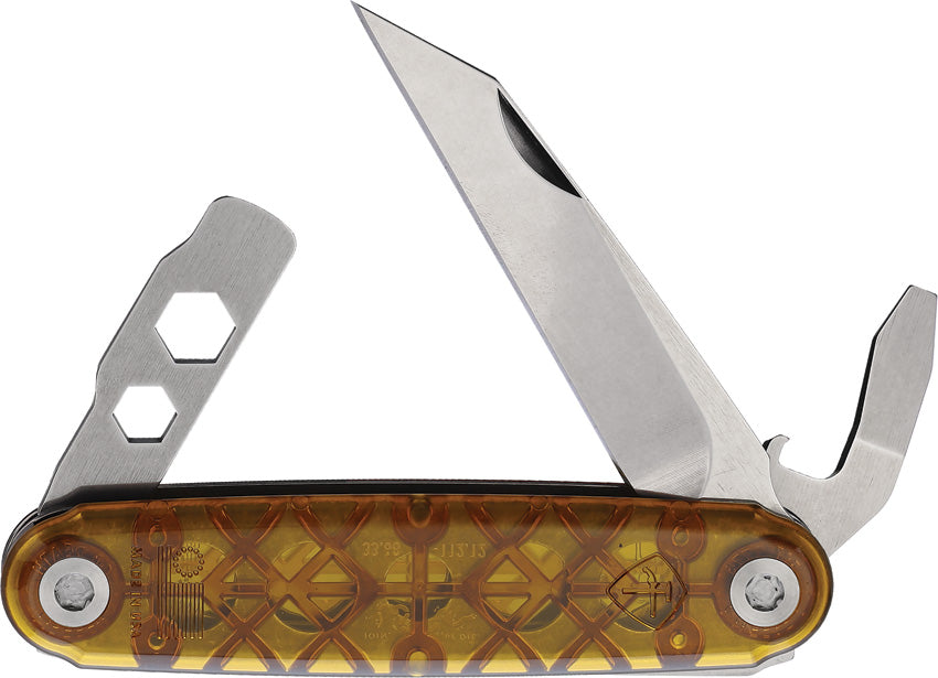 American Service Knife with Ultem handle, featuring a closed blade with utility tools extended, including a bottle opener and wrench, in a yellow and black patterned design.