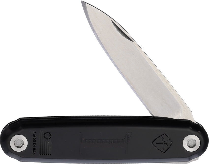 A folded pocket knife with a silver blade and black handle, showing the blade partially extended.
