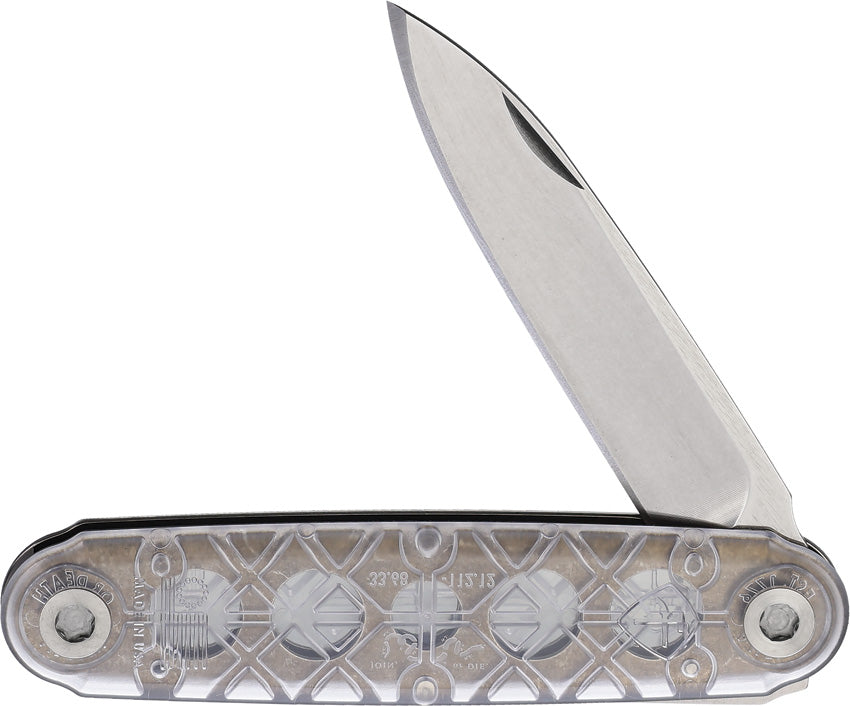A folded pocket knife with a silver blade and clear synthetic handle, featuring the American Service Knife brand emblem.
