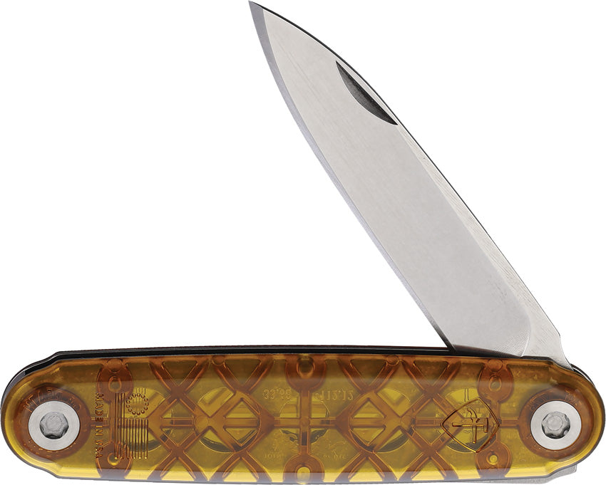 A folded pocket knife with a silver blade and a yellow and black handle featuring a diamond pattern.