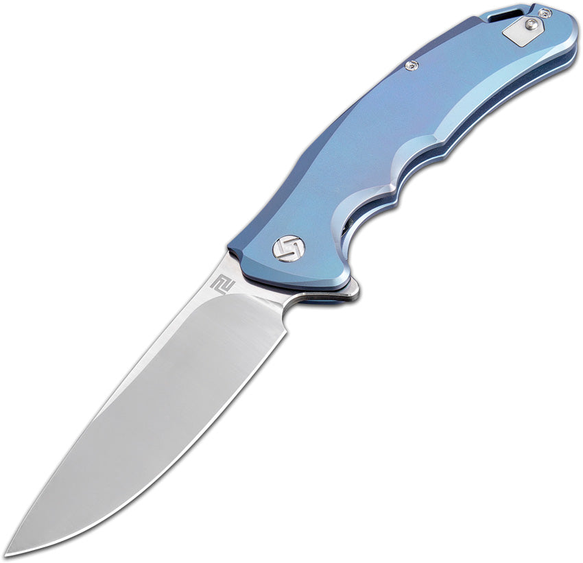 A folding knife with a blue anodized titanium handle and a stonewash finish stainless steel blade, marked with the Artisan brand logo. | King of Knives e-store