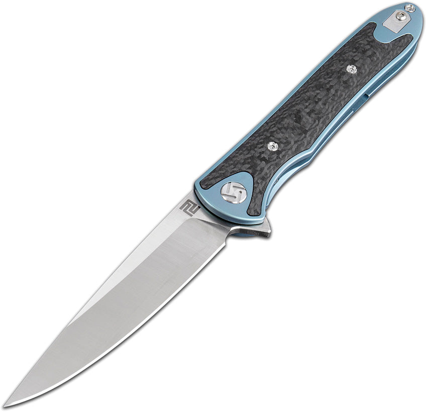 A folding knife with a blue titanium handle and stainless steel blade, featuring a carbon fiber inlay and an extended tang.