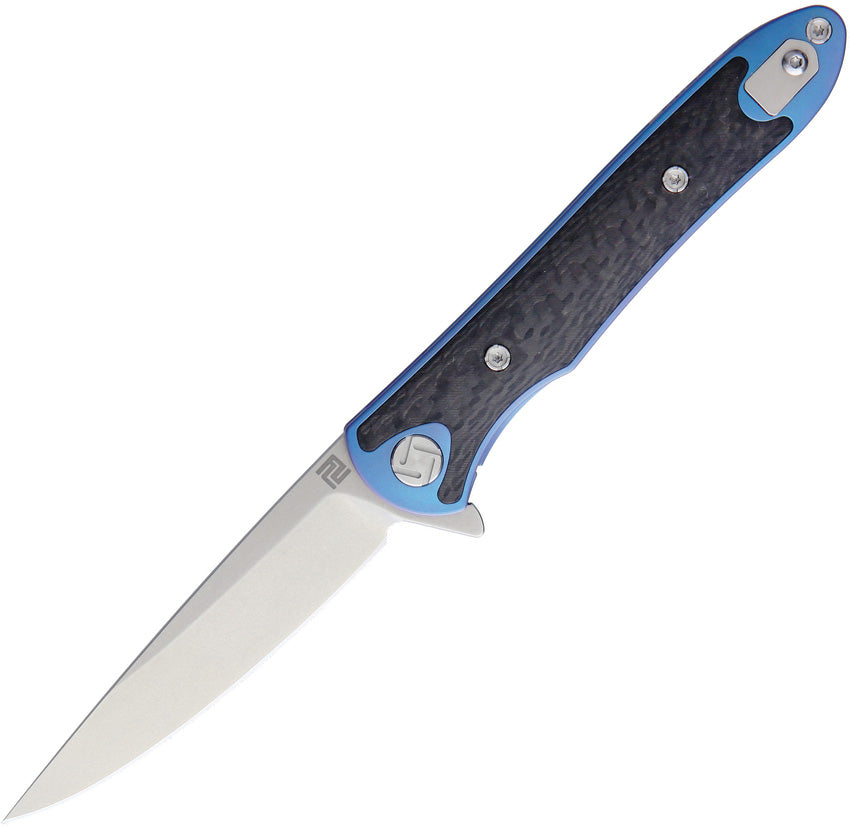 A folding knife with a blue anodized titanium handle and a stonewash finish stainless steel blade, featuring a pocket clip and extended tang. | King of Knives e-store