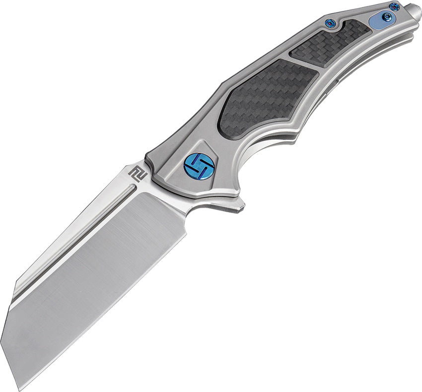 Artisan folding knife with a gray titanium handle and satin finish Bohler M390 stainless blade, featuring an extended tang, glass breaker, lanyard hole, and pocket clip. | King of Knives e-store