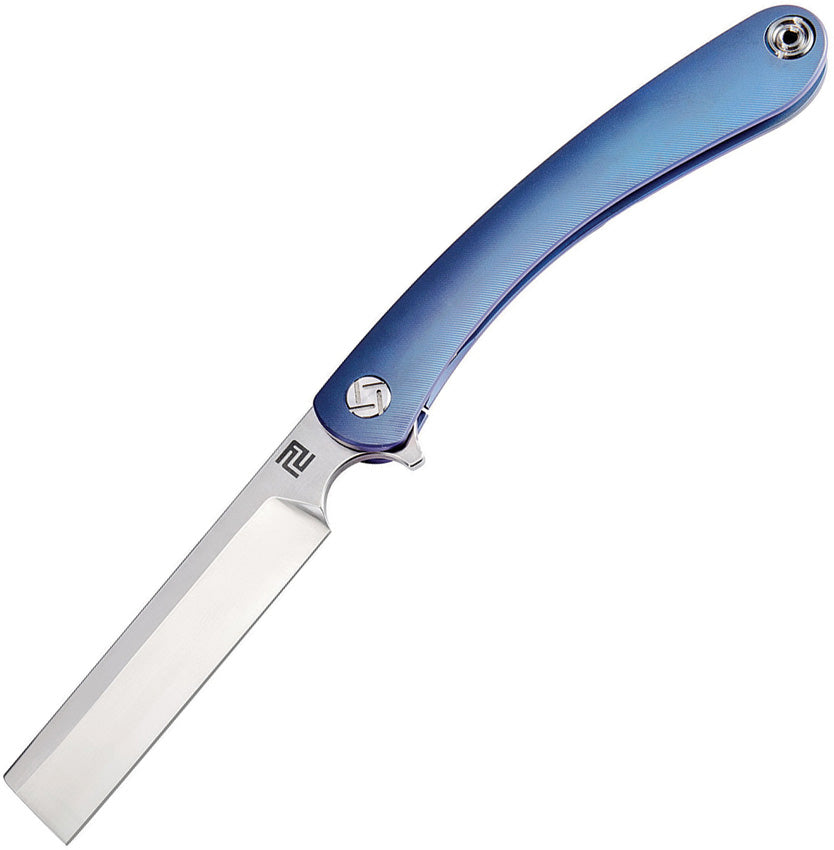 A folded Artisan Orthodox Framelock knife with a blue titanium handle and a satin finish Bohler M390 stainless blade, featuring an extended tang and a pocket clip. | King of Knives e-store