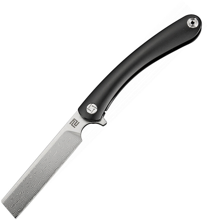 Artisan Orthodox Framelock folding knife with a black titanium handle and Damascus steel blade, closed position, showing the blade's side profile and the handle details. | King of Knives e-store