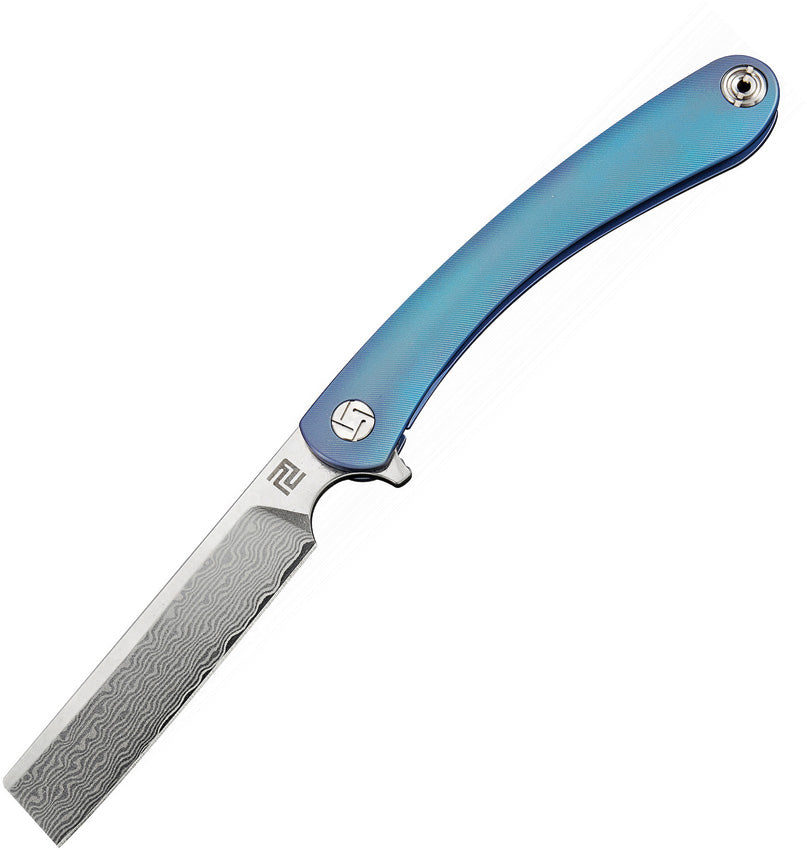 A folding knife with a blue titanium handle and Damascus steel blade, featuring an extended tang, lanyard hole, and pocket clip. | Artisan Orthodox Framelock Knife – 3.5 Inch Damascus Blade