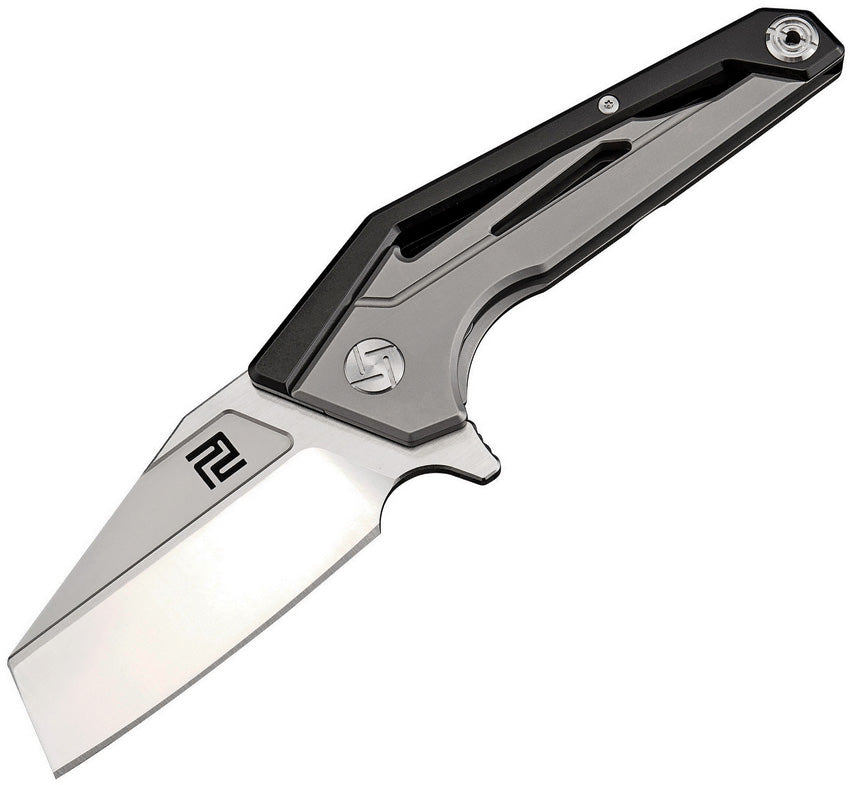 Artisan Ravine Framelock S35VN folding knife with a satin finish stainless blade, black and gray titanium handle, and extended tang. The knife is partially open, displaying the blade and the handle. | King of Knives e-store