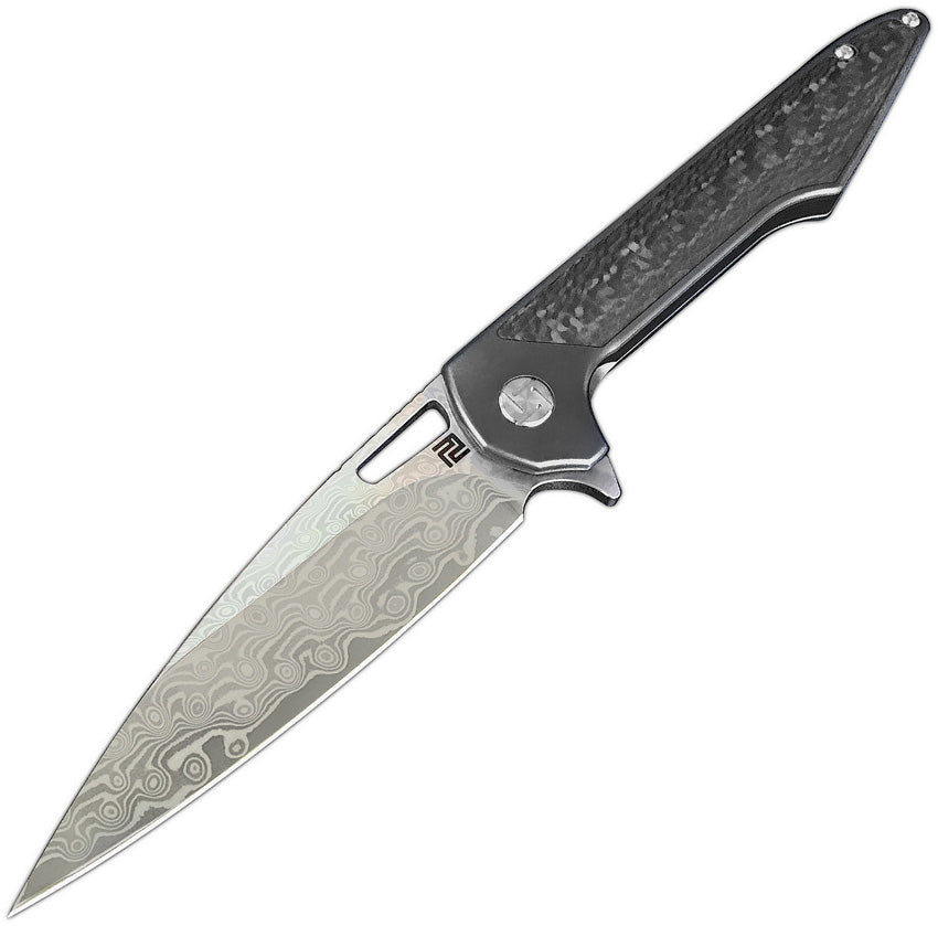 A black folding knife with a Damascus steel blade and a titanium handle with carbon fiber inlay, featuring an extended tang, thumb pull, and pocket clip. | King of Knives e-store