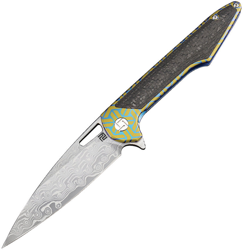 An Artisan small folding knife with a Damascus steel blade and a blue and gold titanium handle with carbon fiber inlay, featuring an extended tang and a pocket clip. | King of Knives e-store