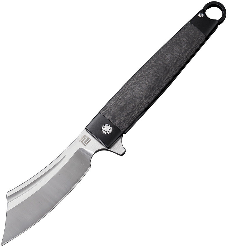 Artisan Cutlass Framelock folding knife with a black titanium handle and satin finish stainless blade, closed position. | King of Knives e-store