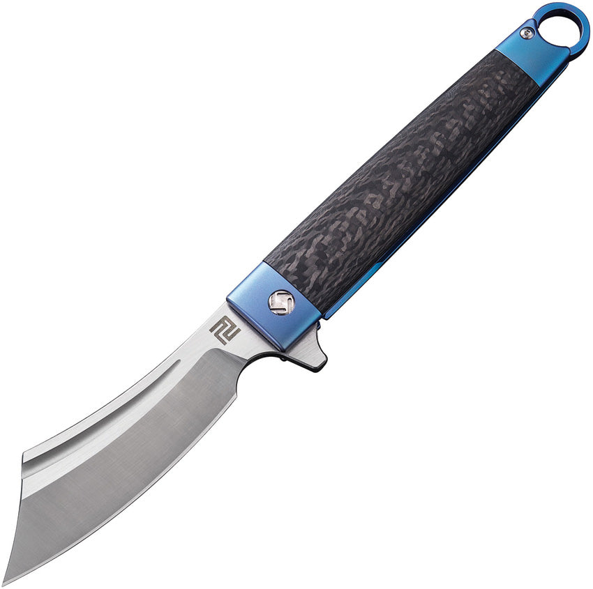 A folding knife with a blue anodized titanium handle and carbon fiber inlay, featuring a stonewash finish blade and an extended tang. The knife is closed and has a lanyard hole at the top. | King of Knives e-store