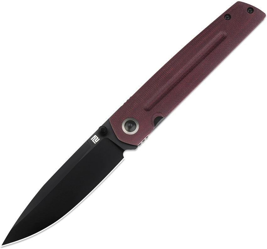 A folded Artisan Sirius Linerlock knife with a black blade and red micarta handle. | King of Knives e-store