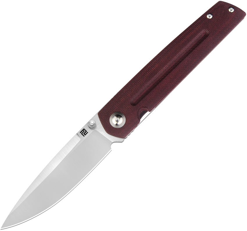 Artisan Sirius Linerlock folding knife with a red canvas micarta handle and a satin finish stainless steel blade. | King of Knives e-store