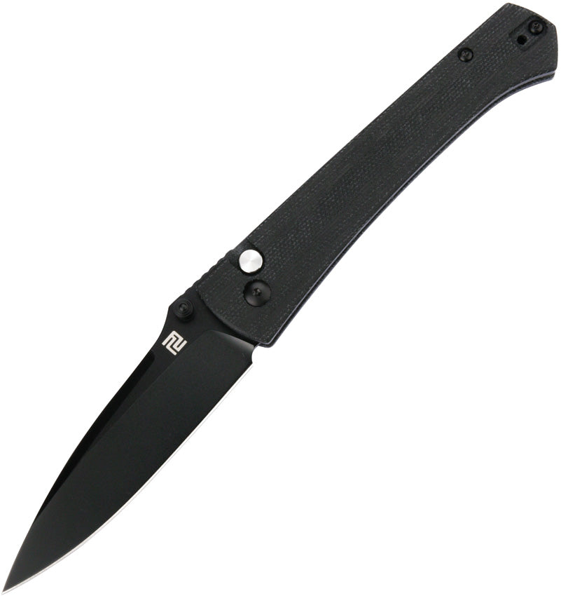 A black folding knife with a button lock mechanism, featuring a black micarta handle and a black stainless steel blade. | King of Knives e-store