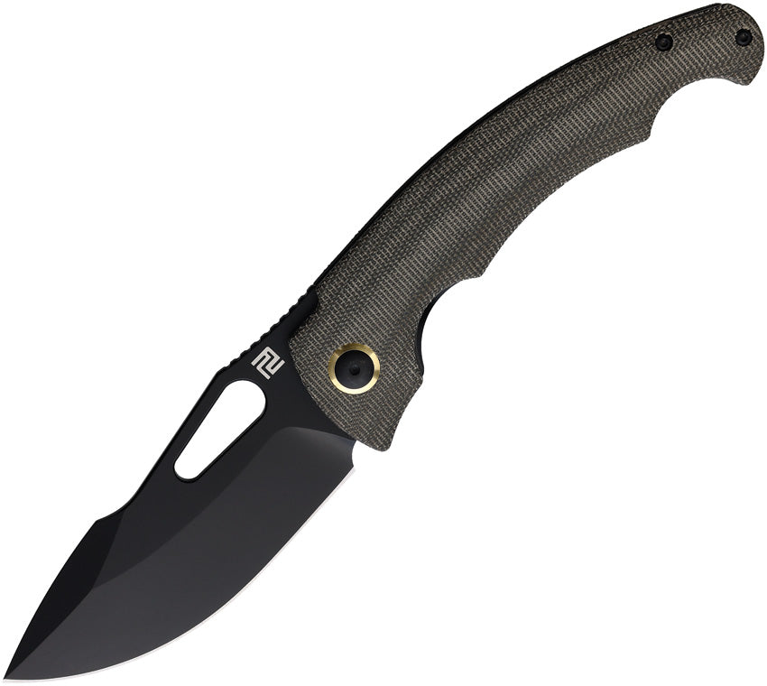 A folding knife with a black blade and green handle, featuring a thumb pull and pocket clip. | King of Knives e-store