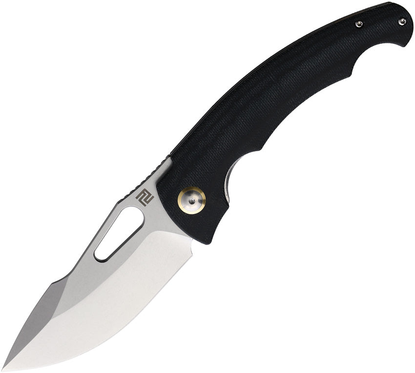 A black folding knife with a stonewash finish blade and a black micarta handle, showing the front view with the blade partially open. | King of Knives e-store