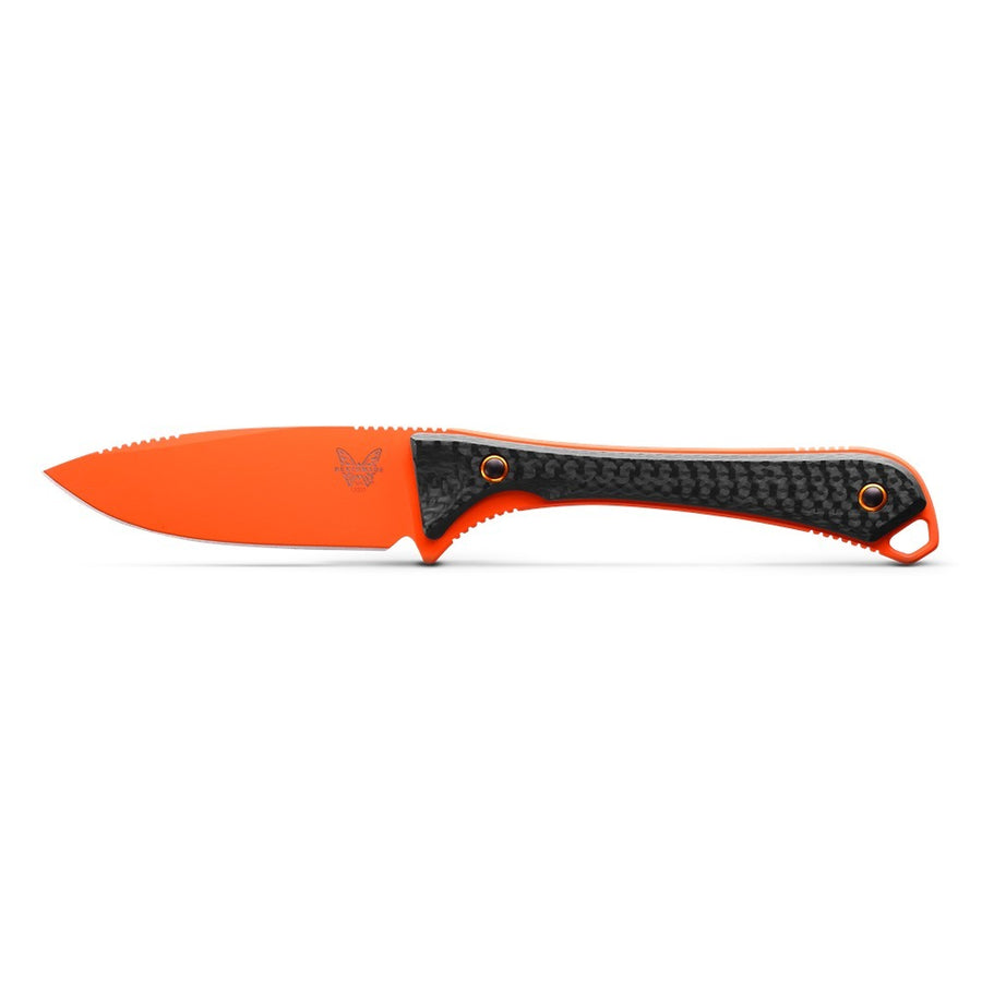 A Benchmade 15201OR Altitude Ultralight Hunting Knife with an orange Cerakote blade and black carbon fiber handle scales.