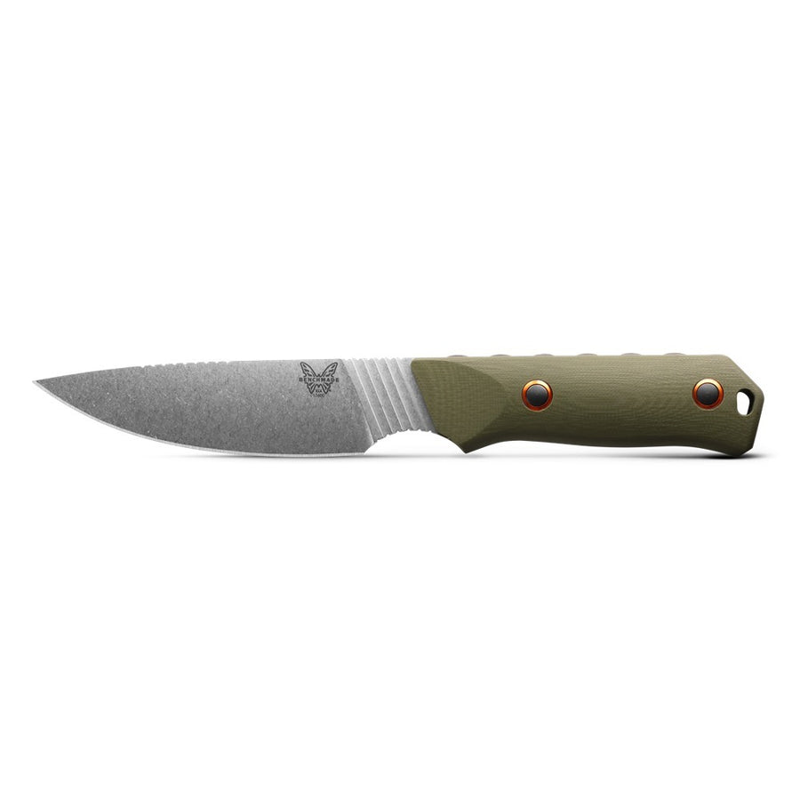 A Benchmade 15600-01 Raghorn fixed blade knife with a green OD G10 handle and a drop point blade design.