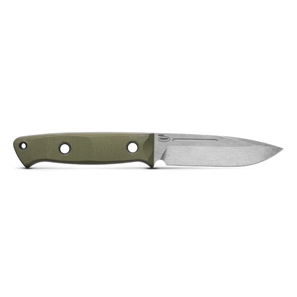 A Benchmade 163-1 Sibert Bushcrafter knife with a green and silver handle and a stainless steel fixed blade.