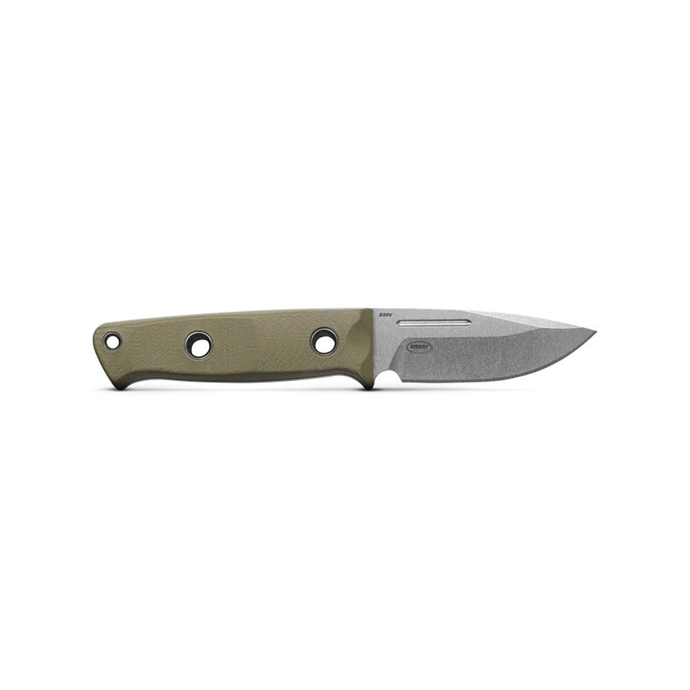 A Benchmade 165-1 Mini Bushcrafter knife with an 85.9 mm stainless steel fixed blade and an OD Green G10 handle scales.