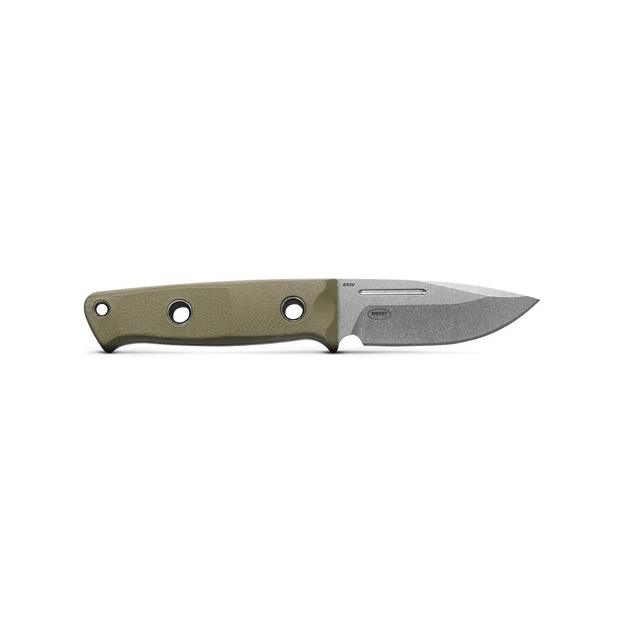 A Benchmade 165-1 Mini Bushcrafter knife with an 85.9 mm stainless steel fixed blade and an OD Green G10 handle scales.