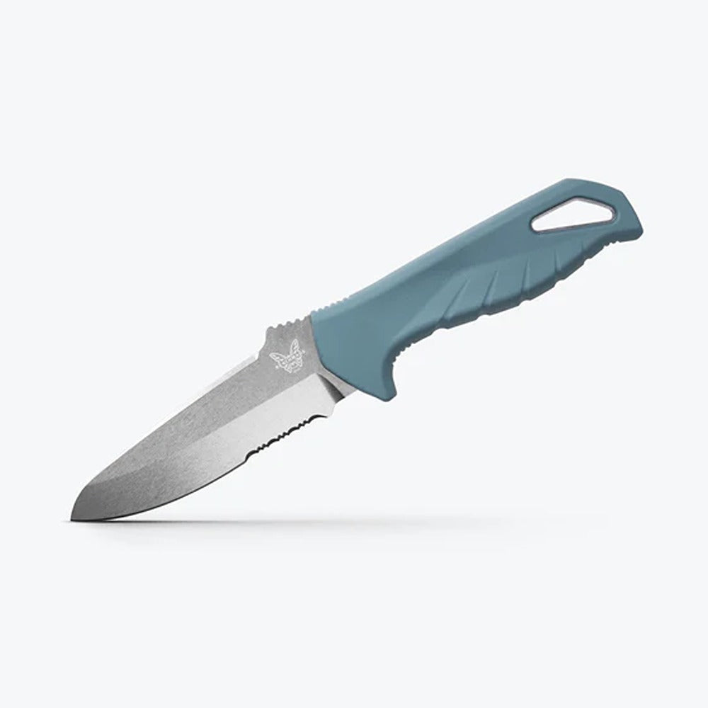 A fixed blade Benchmade 18040S Undercurrent knife with a sheepsfoot style blade, predominantly gray and blue handle, and a black blade guard.