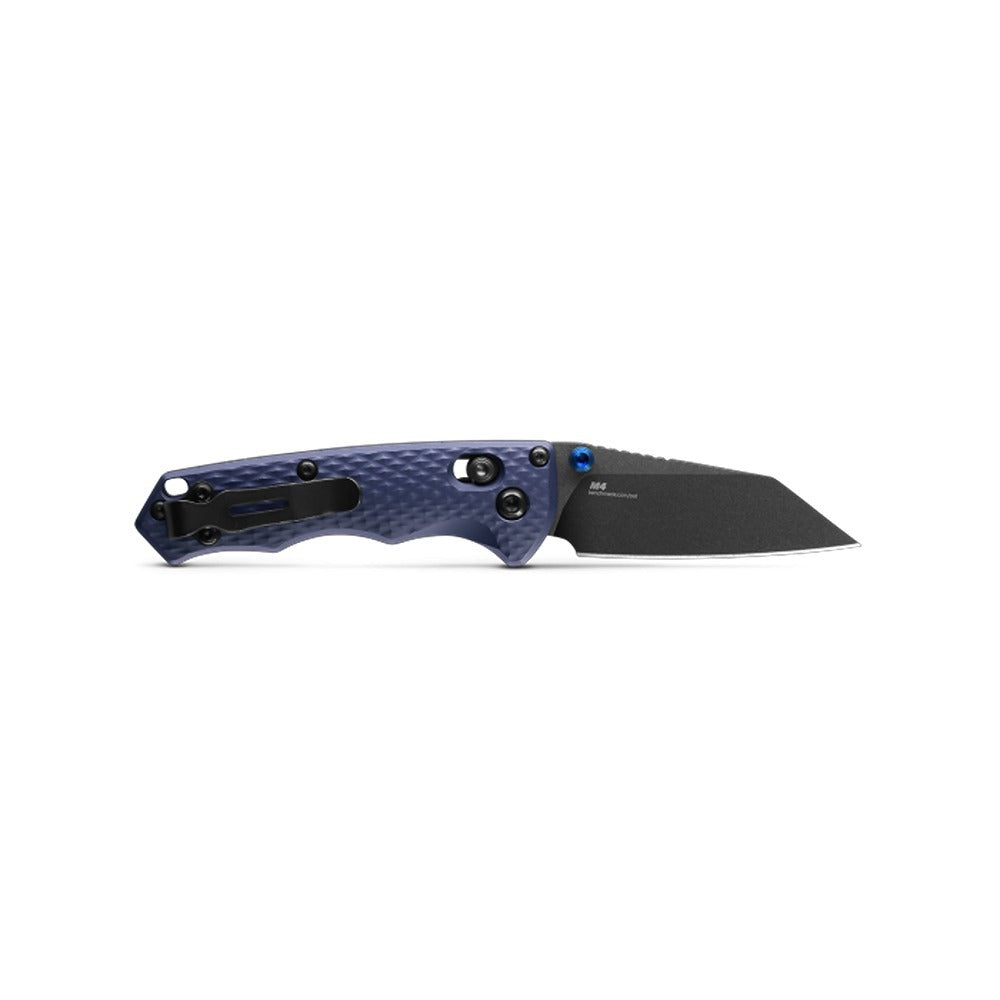 A Benchmade 290Bk folding knife with a black handle and a blue blade, featuring an axis lock mechanism and a drop point blade style.