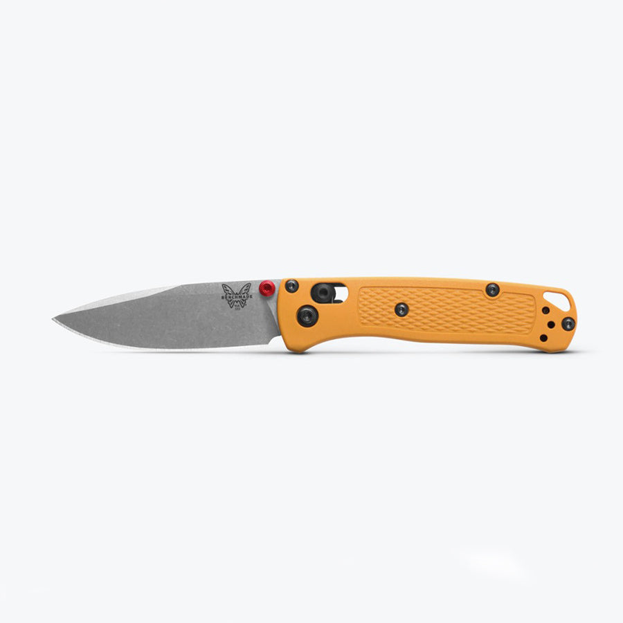 A Benchmade 533-08 Mini Bugout folding knife with a Daybreak Yellow Grivory handle and a satin finish on the blade.