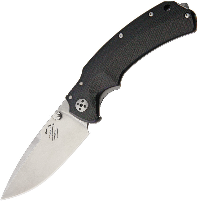 Bastinelli RED Folder Knife 3.25" D2 Steel with G10 Handle - A folded knife with a stonewash finish blade and black textured handle, featuring a pocket clip, thumb stud, and lanyard hole.