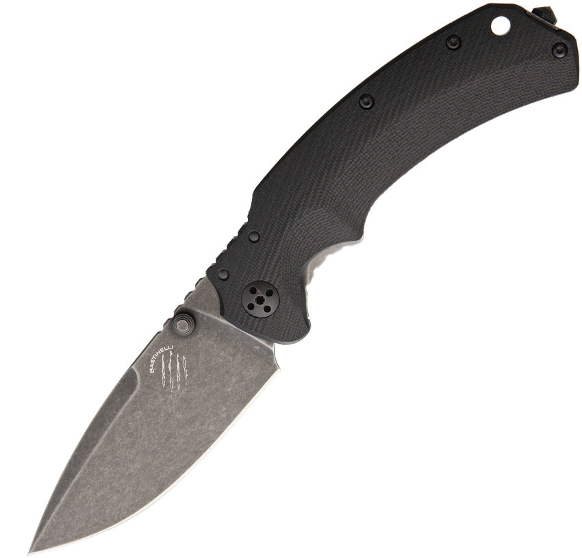 A folded knife with a stonewash finish blade and black textured handle, featuring a pocket clip, thumb stud, and lanyard hole.