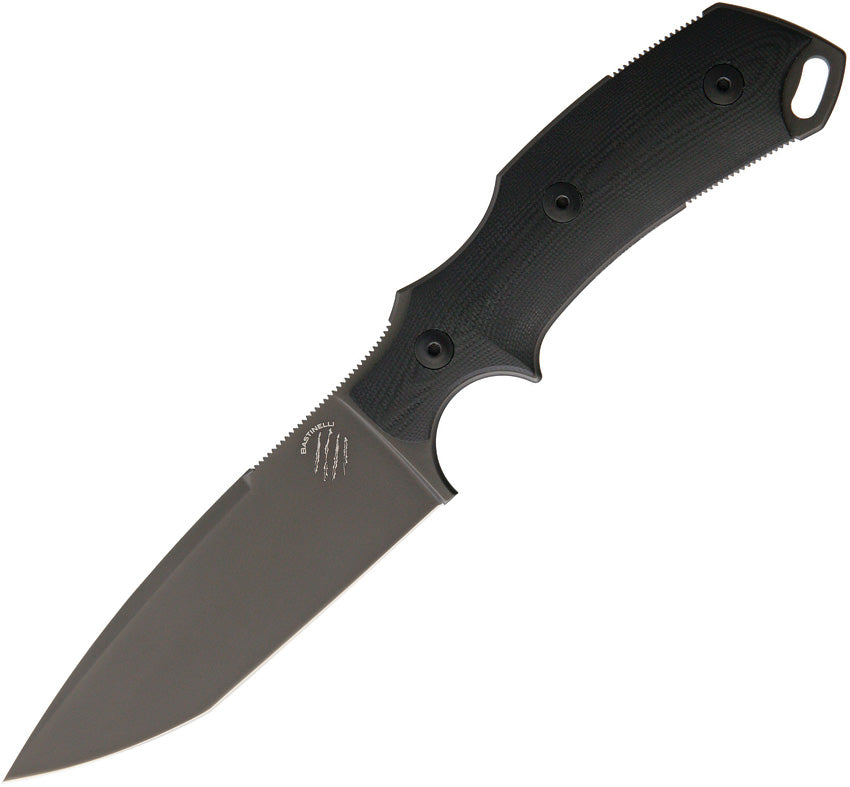 Bastinelli Creations RED V2 Fixed Blade Black PVD - A black fixed blade knife with a partially serrated blade and a black G10 handle, including a lanyard hole and a black Kydex belt sheath.