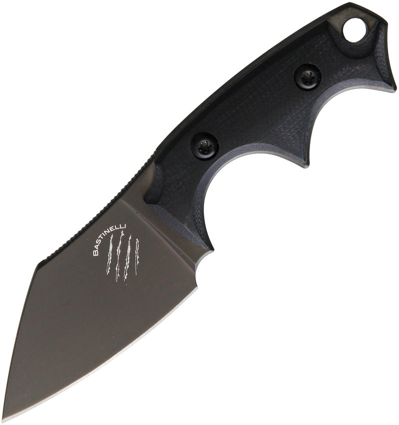 A black fixed blade knife with a PVD coated steel blade and a black micarta handle, featuring a lanyard hole and a black Kydex sheath.