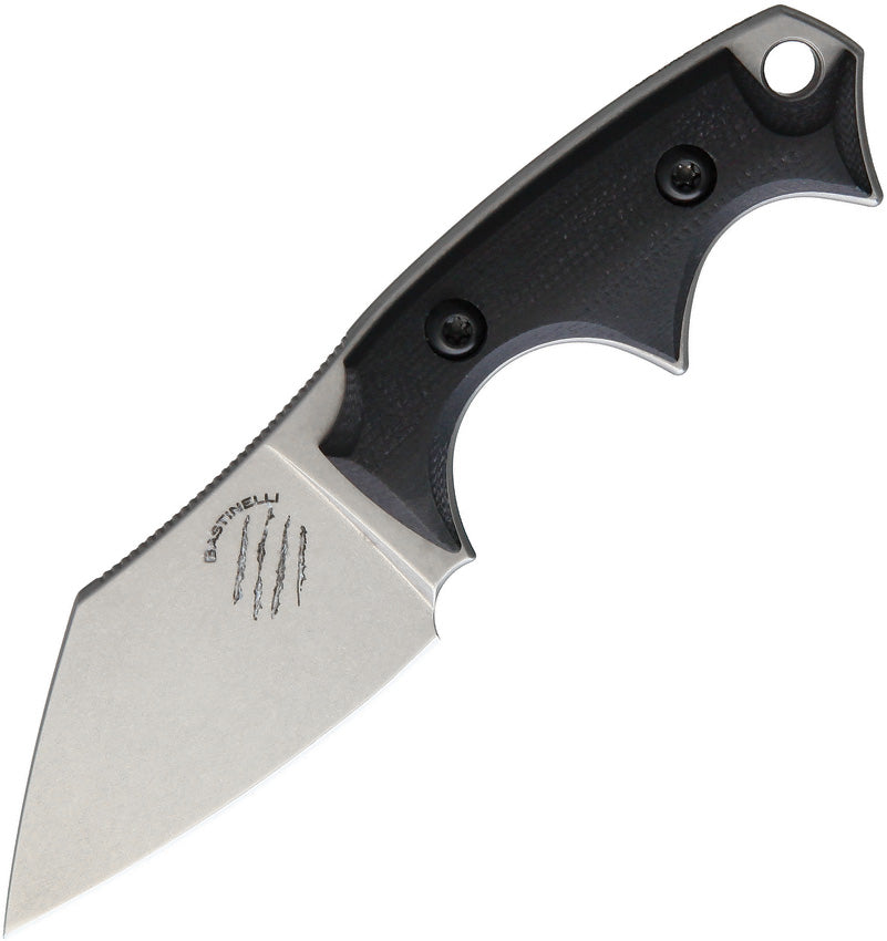 A Bastinelli Creations neck knife with a stonewash finish steel blade and black finger grooved micarta handle, showing the overall design and the lanyard hole.
