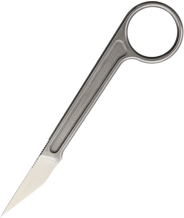 A 5.5 inch Bastinelli Creations knife with a satin finish Bohler N690 stainless blade and stonewash finish stainless handle, featuring a finger ring.