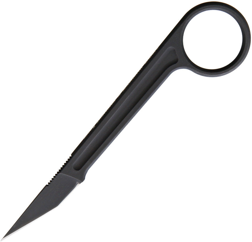 Black PVD coated Bohler N690 stainless steel blade with a finger ring, overall length 5.5 inches, black molded plastic clip sheath.