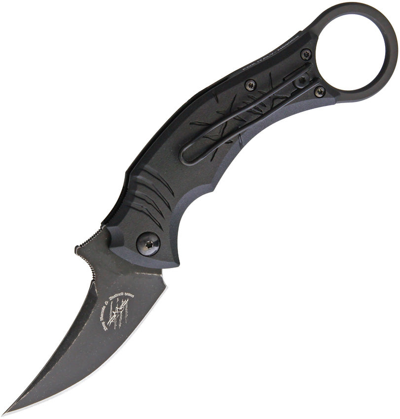 A black folding knife with a curved blade, pocket clip, and finger ring, branded Bastinelli Creations, in its closed position.