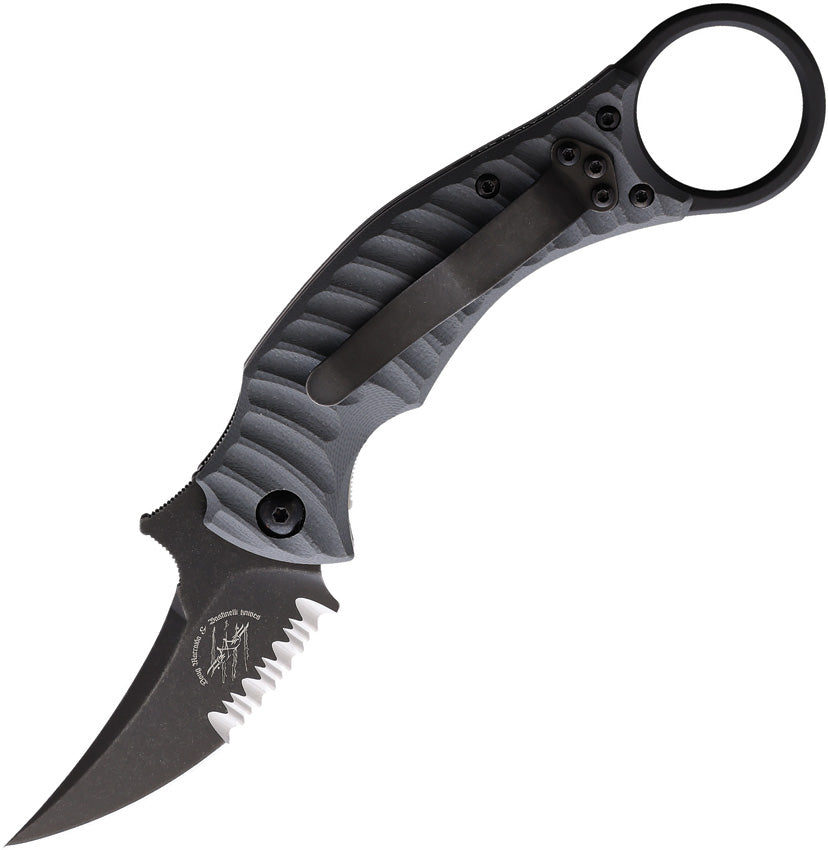 A folding knife with a black finish partially serrated blade and gray sculpted G10 handle, featuring a pocket clip and finger ring.
