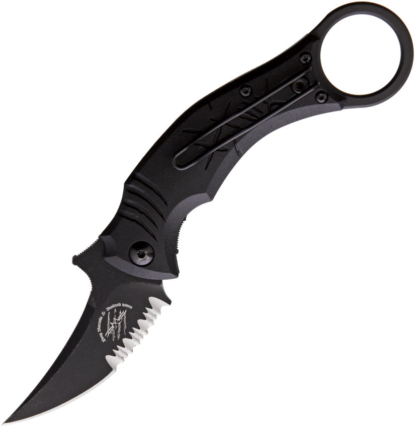 A black folding knife with a partially serrated blade and a finger ring, branded Bastinelli Creations.