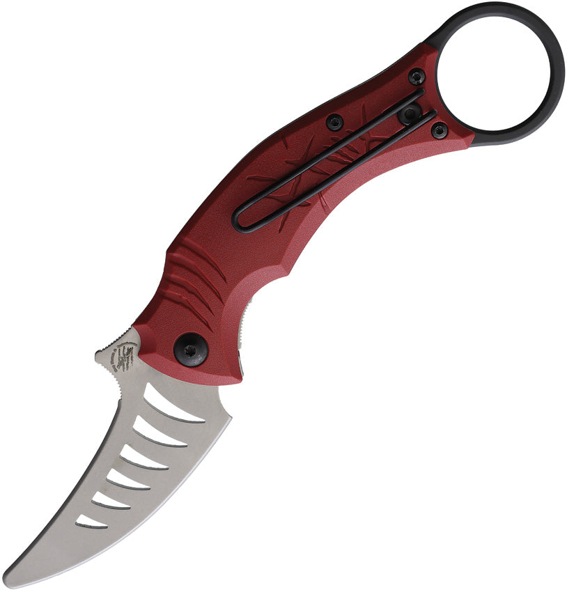 A red folding knife with a silver blade, featuring a finger ring and pocket clip, with the brand name Bastinelli Creations visible.