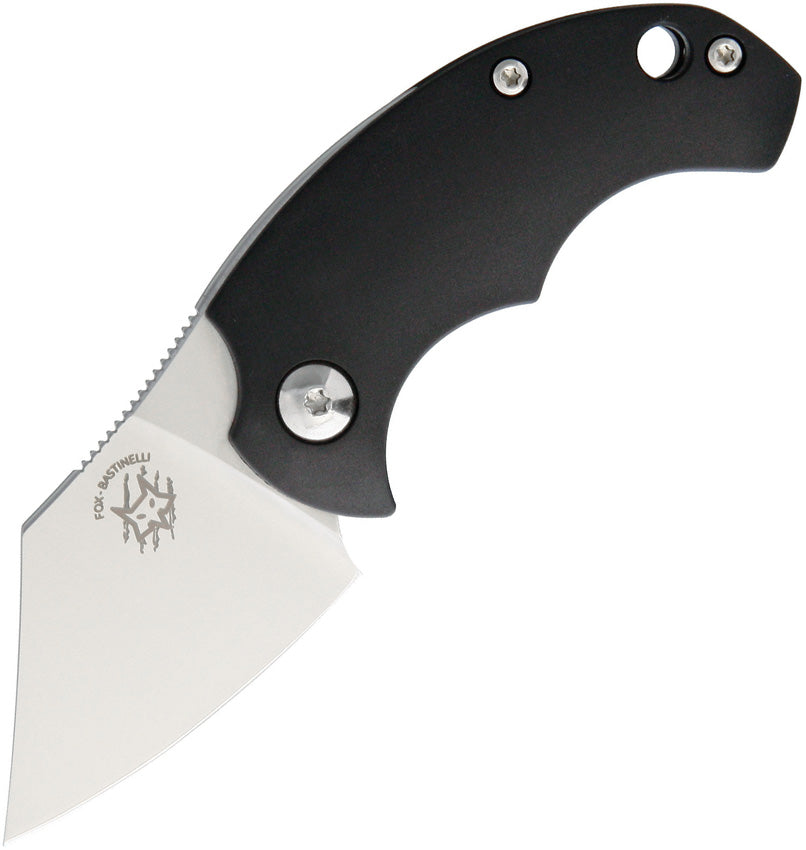 A folded Bastinelli Creations hunting knife with a black FRN handle and a satin finish Bohler N690 stainless blade, featuring an extended tang and a lanyard hole.